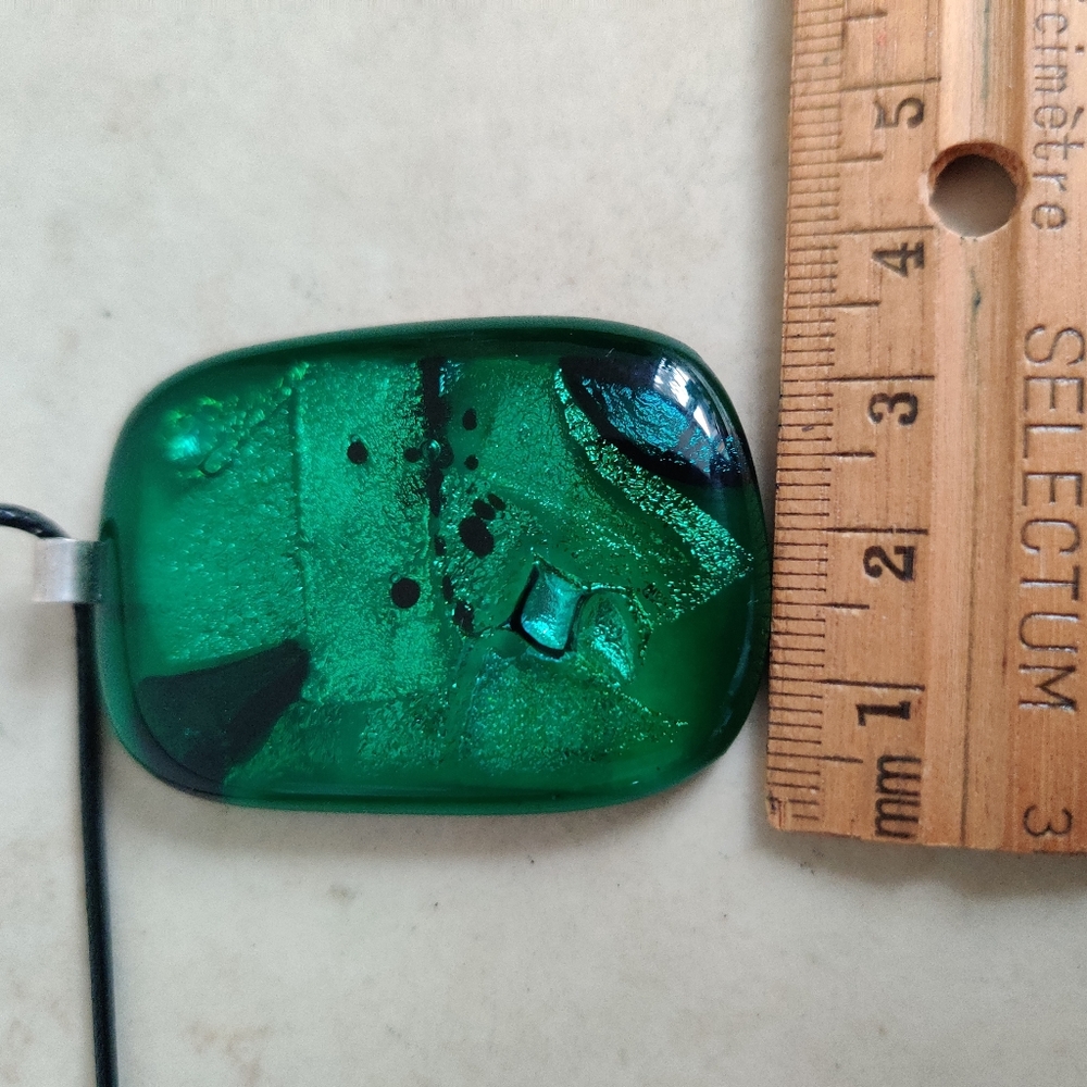 Green Murano Style Two Sided Abstract Art Glass  Pendant Necklace - Picture 6 of 8